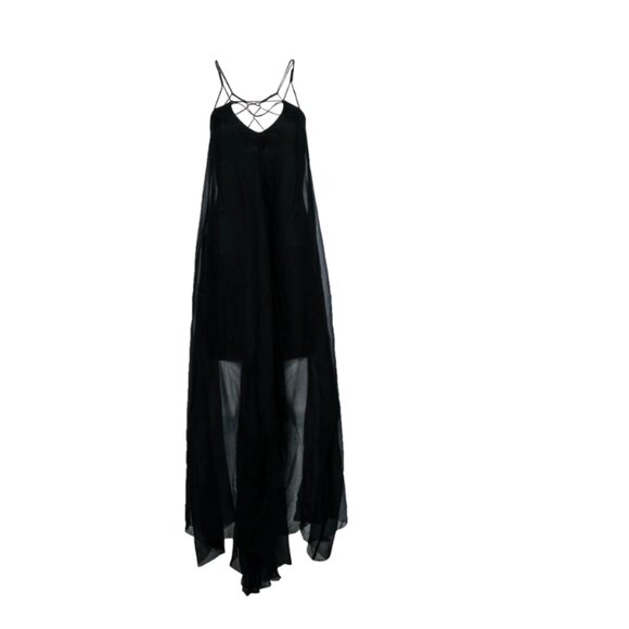 Leon Max Black Handkerchief Silk Maxi Dress Witchy Whimsigoth Train Medium - Picture 4 of 16